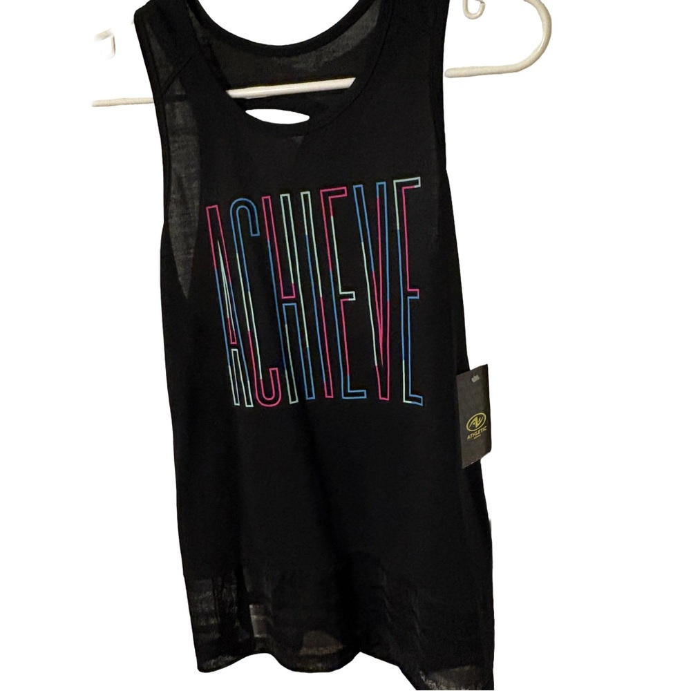 NWT Athletic Works Black Tank Top with Multicolor 'ACHIEVE' Print. Size 14/16